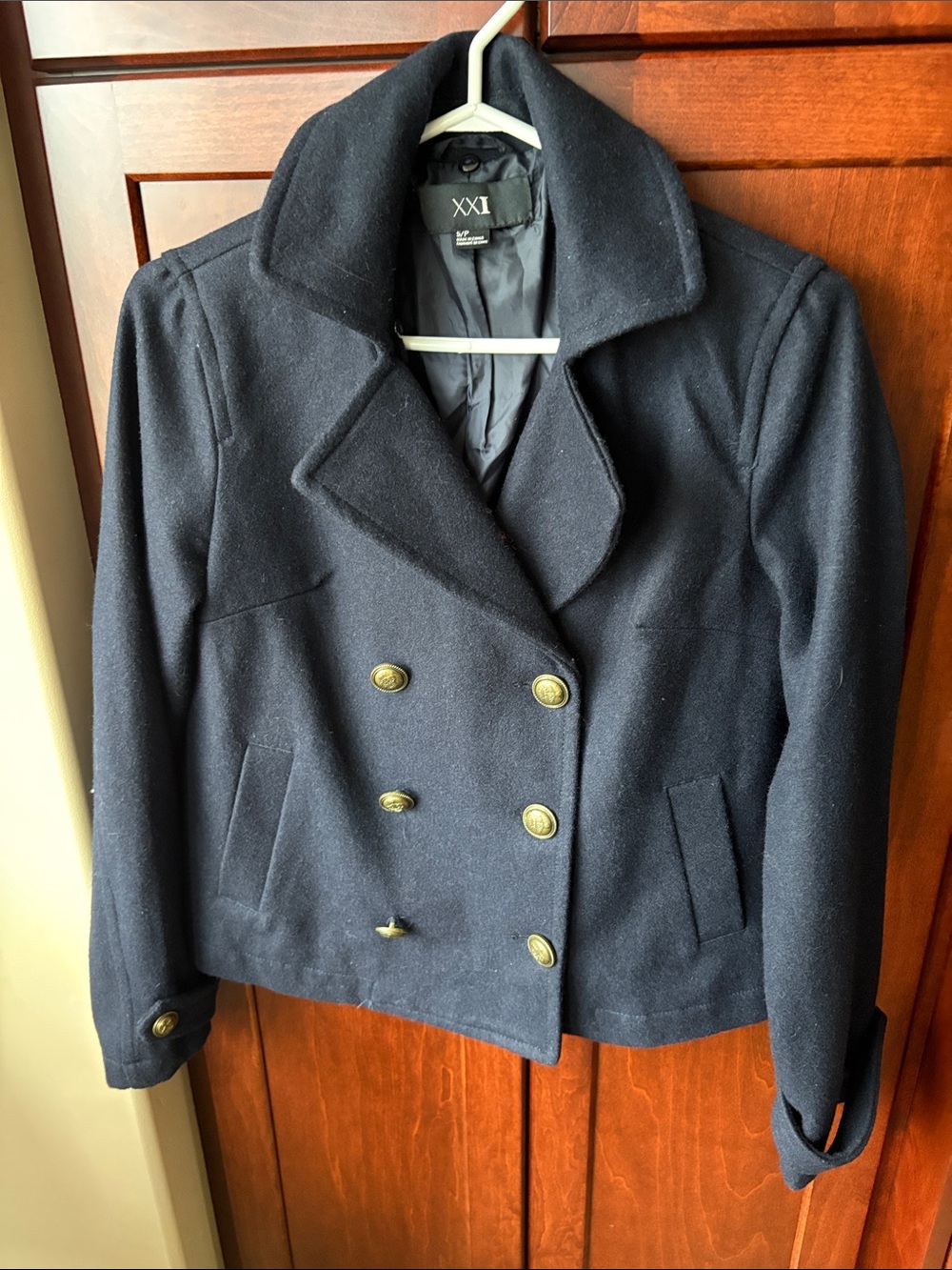Forever 21 XX1 Navy Wool Blend Double-Breasted Peacoat Size S NWOT